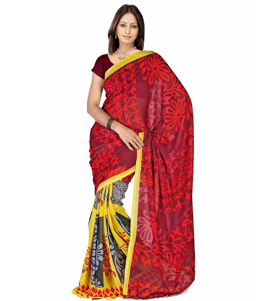 Desi Look Red Georgette Casual Saree With Unstitched Blouse Buy Desi