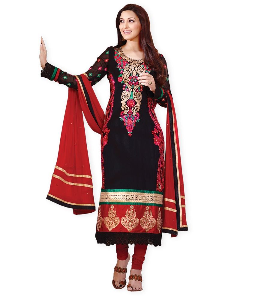 G Fashion Black Faux Georgette Embroidered Semi Stitched Suit Anarkali