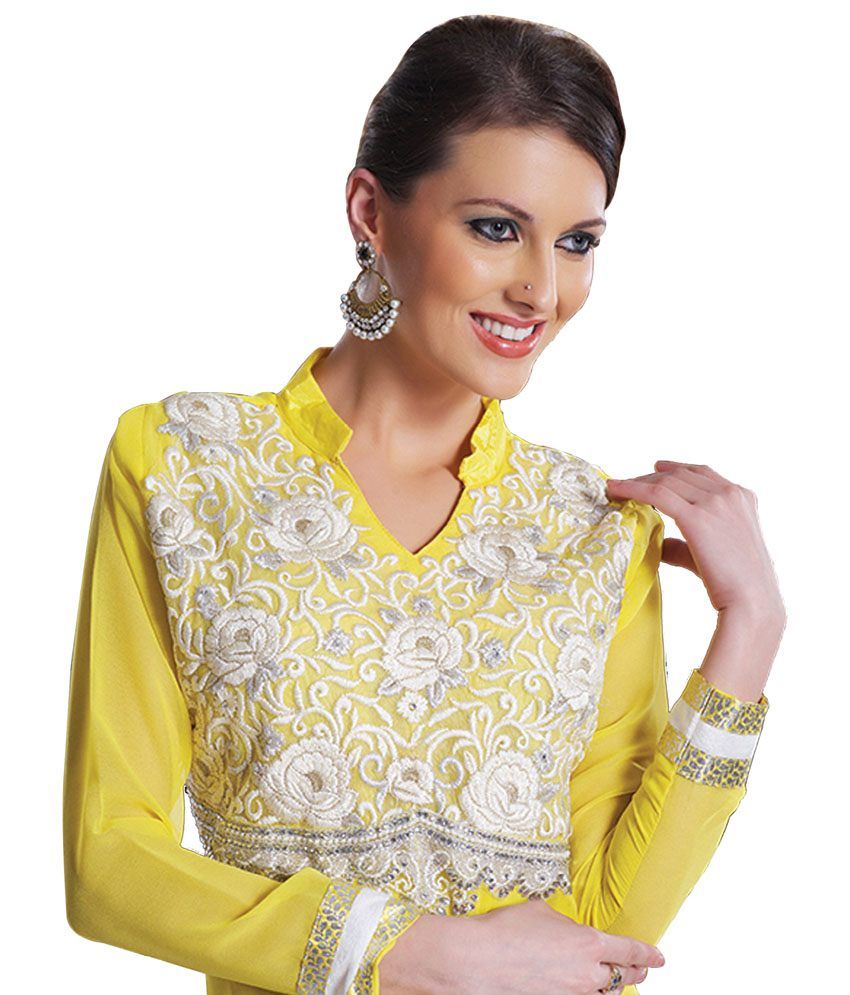 Surat Tex Yellow Embroidered Faux SemiStitched Anarkali