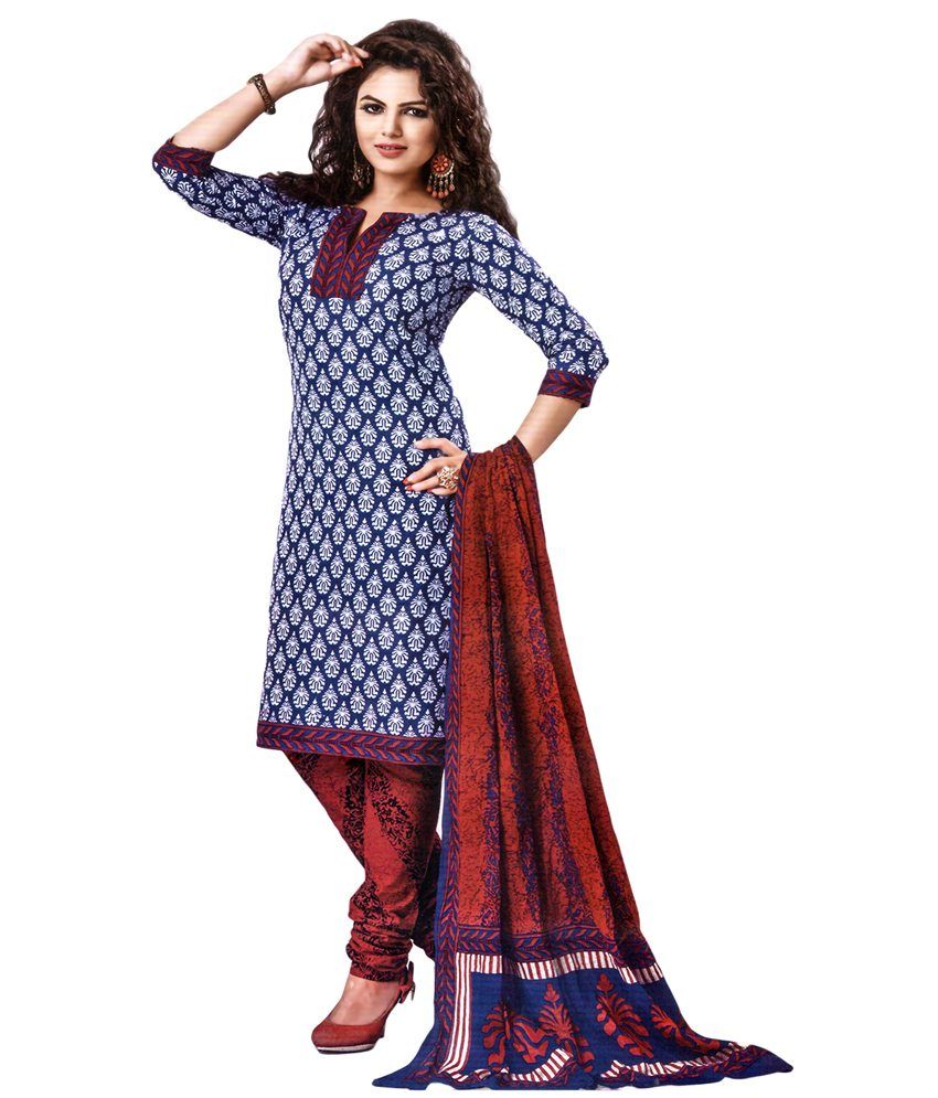 Jevi Prints Blue and Grey Coloured Unstitched Cotton Punjabi Suit Dress ...