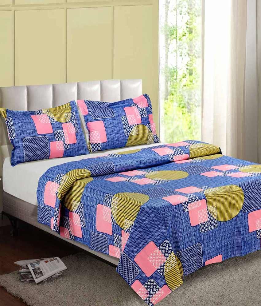 Desi Connection Blue Printed Cotton Double Bed Sheet With 2 Pillow