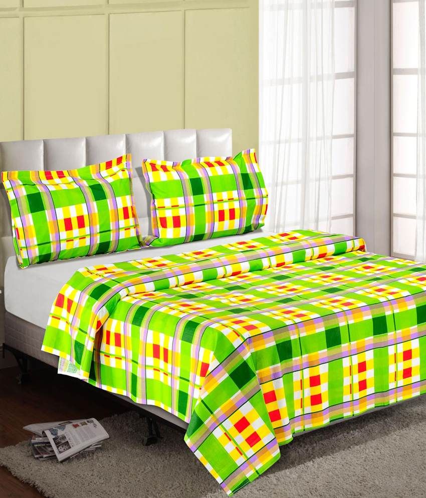Desi Connection Green Printed Cotton Double Bed Sheet With 2 Pillow