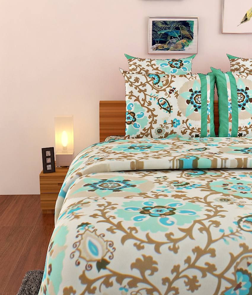 Sej By Nisha Gupta Blue & Gray Floral Cotton King Size Bed Sheet With 2