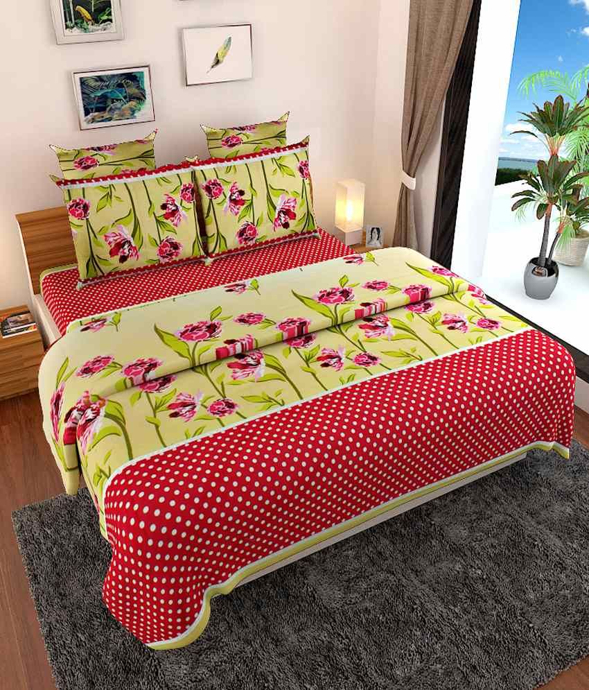 Sej By Nisha Gupta Red & Green Floral Cotton King Size Bed Sheet With 2