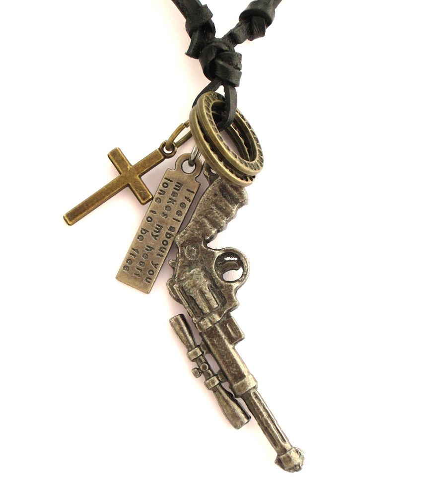     			The Jewelbox Vintage Bronze Machine Gun Charm Men Pendant Freesize Leather Chain