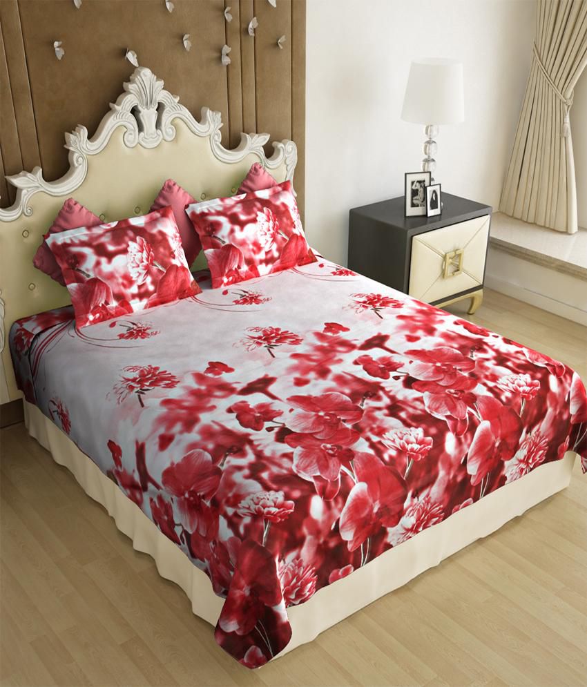     			Home Candy 3D Red Floral Poly Cotton Double Bed Sheet With 2 Pillow Covers