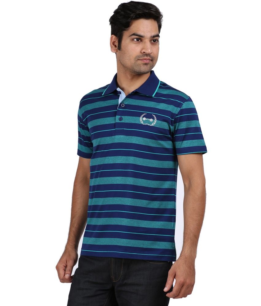 Orange And Orchid Cotton Blue And Green Striped Casual Polo TShirt