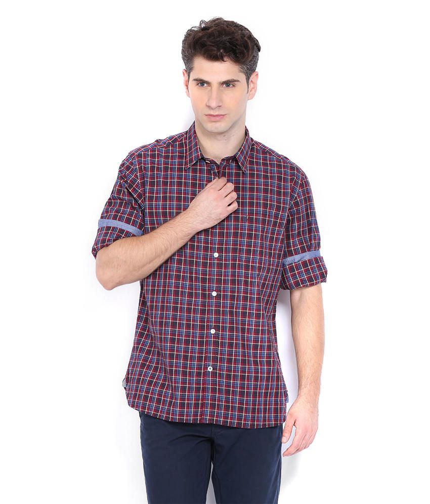 Indian Terrain Burgundy & Blue Checked Slim Fit Casual Shirt - Buy ...