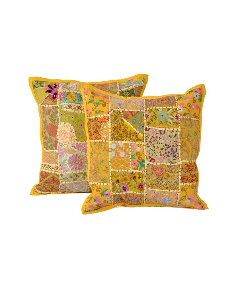 Jaipur Kala Kendra Sset Of 2 Pieces Yellow Embroidered Patchwork Throw ...