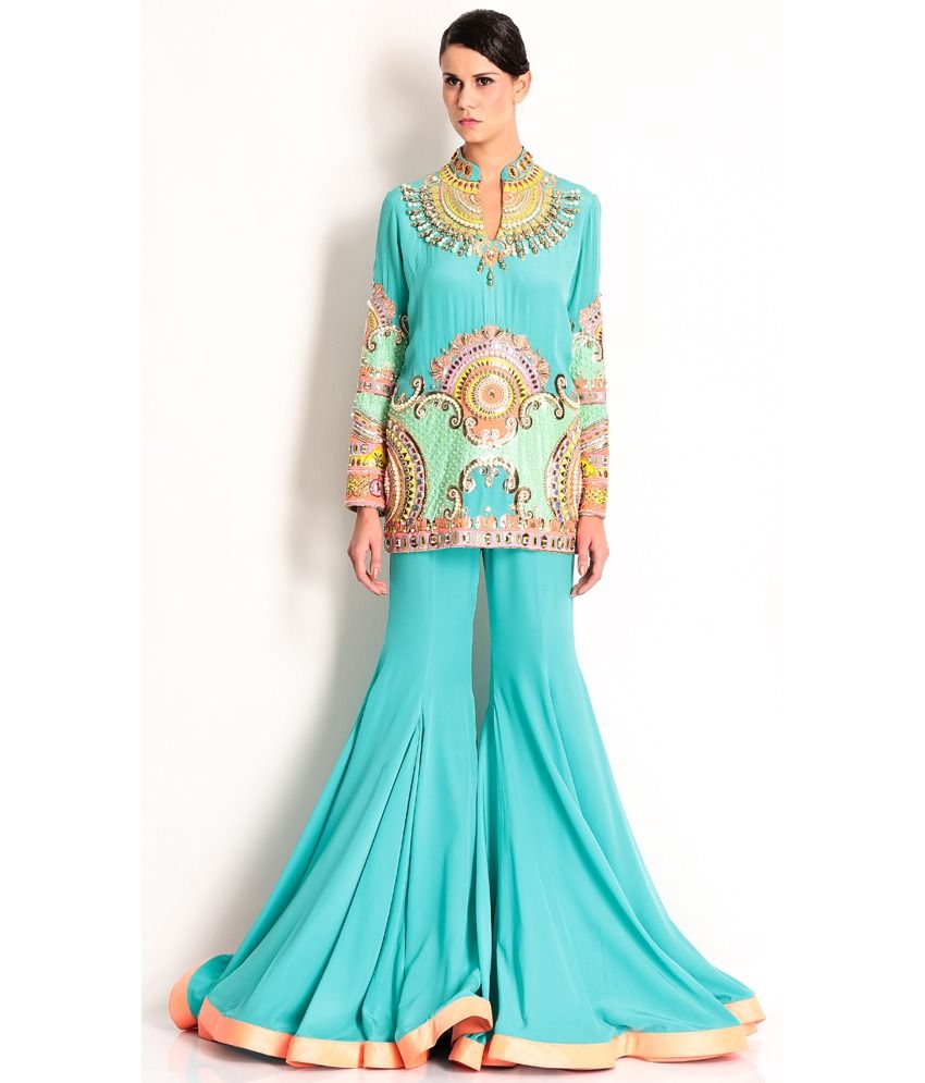 Manish Arora Blue Silk Rexine And Fabric Applique Embroidered Peacock Sharara - Buy Manish Arora 