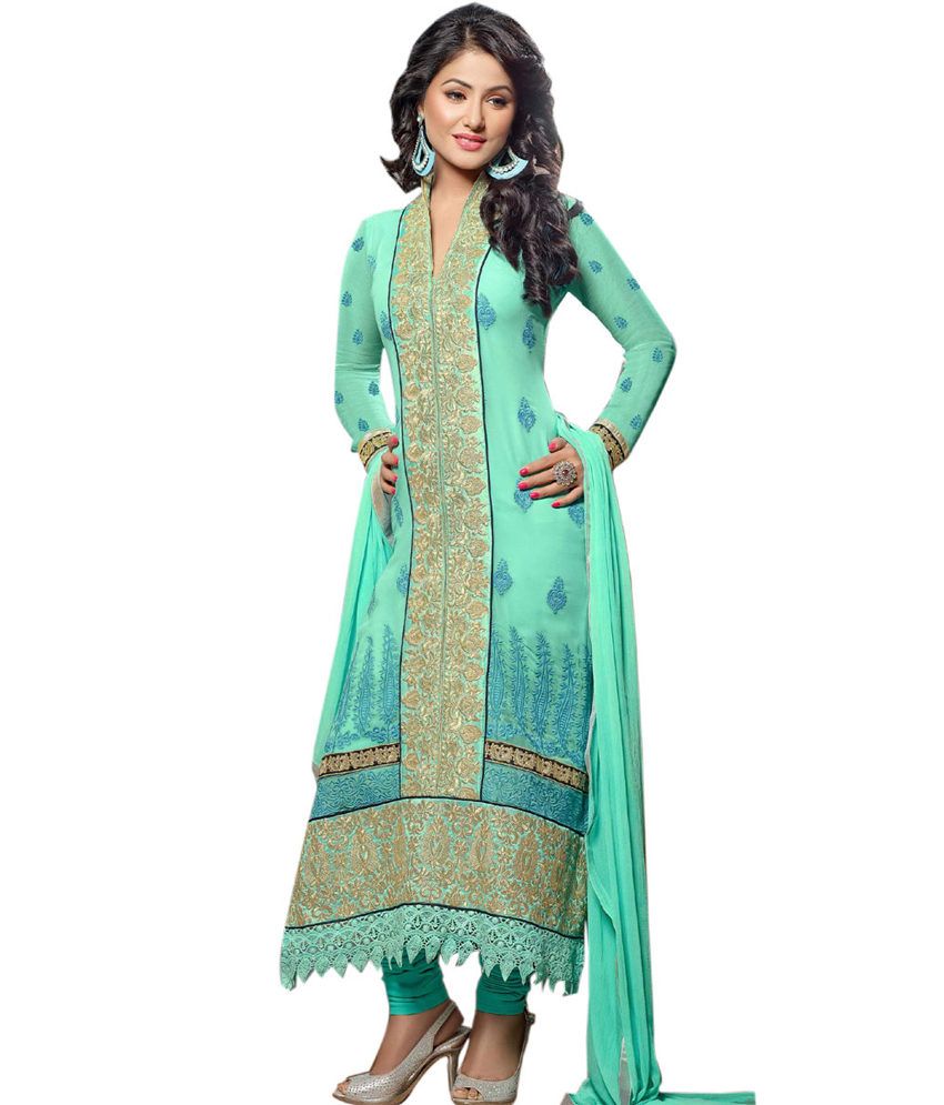 Khantil Georgette Fabric - Hina Khan Designer Sky Straight Anarkali Dress Material - Buy Khantil 