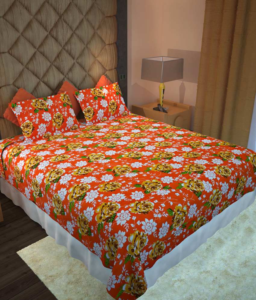     			Home Candy Orange & White Floral Cotton Double Bed Sheet With 2 Pillow Covers