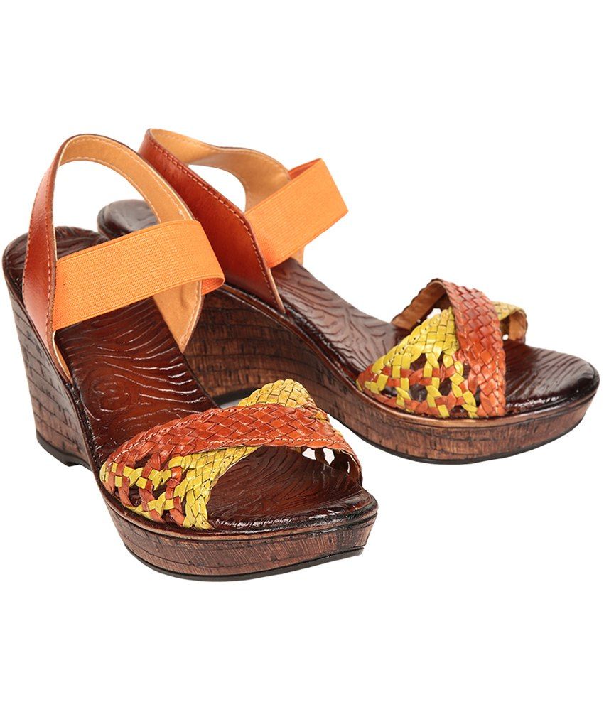 Burnish Leather Orange Faux Leather Wedges Sandal Price in India- Buy