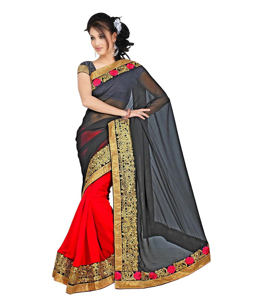 Kesar Sarees Black Faux Georgette Embroidered Saree With Blouse Piece