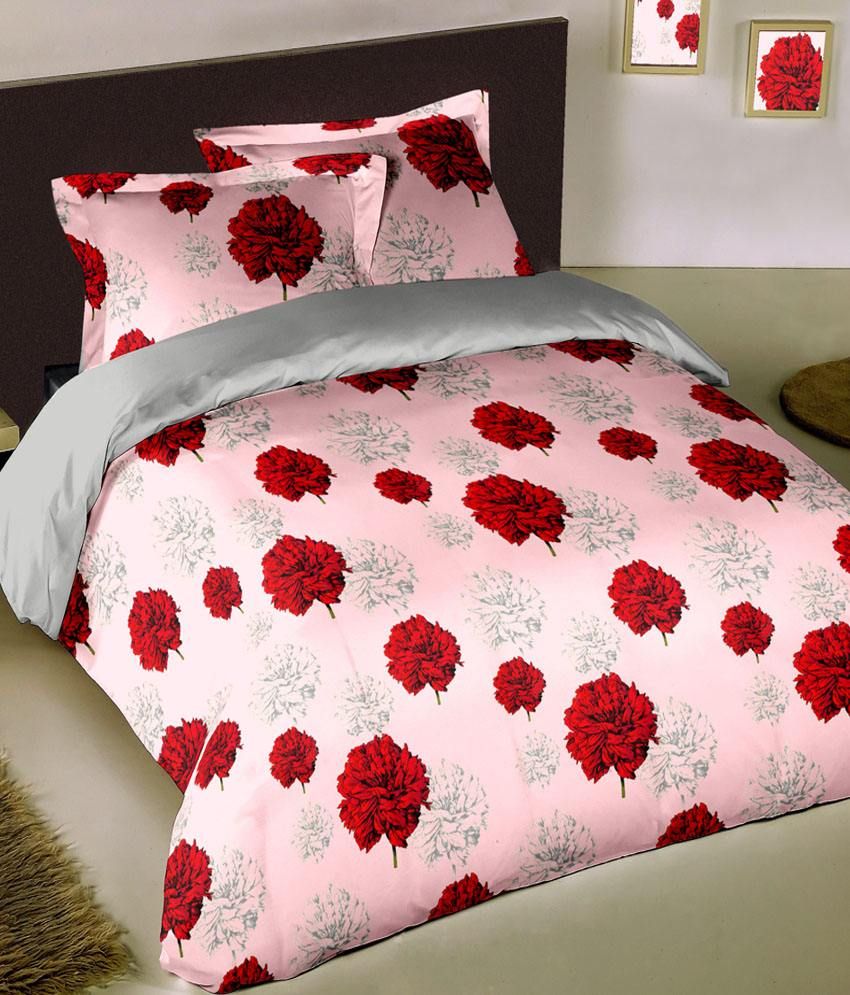 Raymond Pink And Red Floral Cotton Double Bed Sheet With 2 Pillow