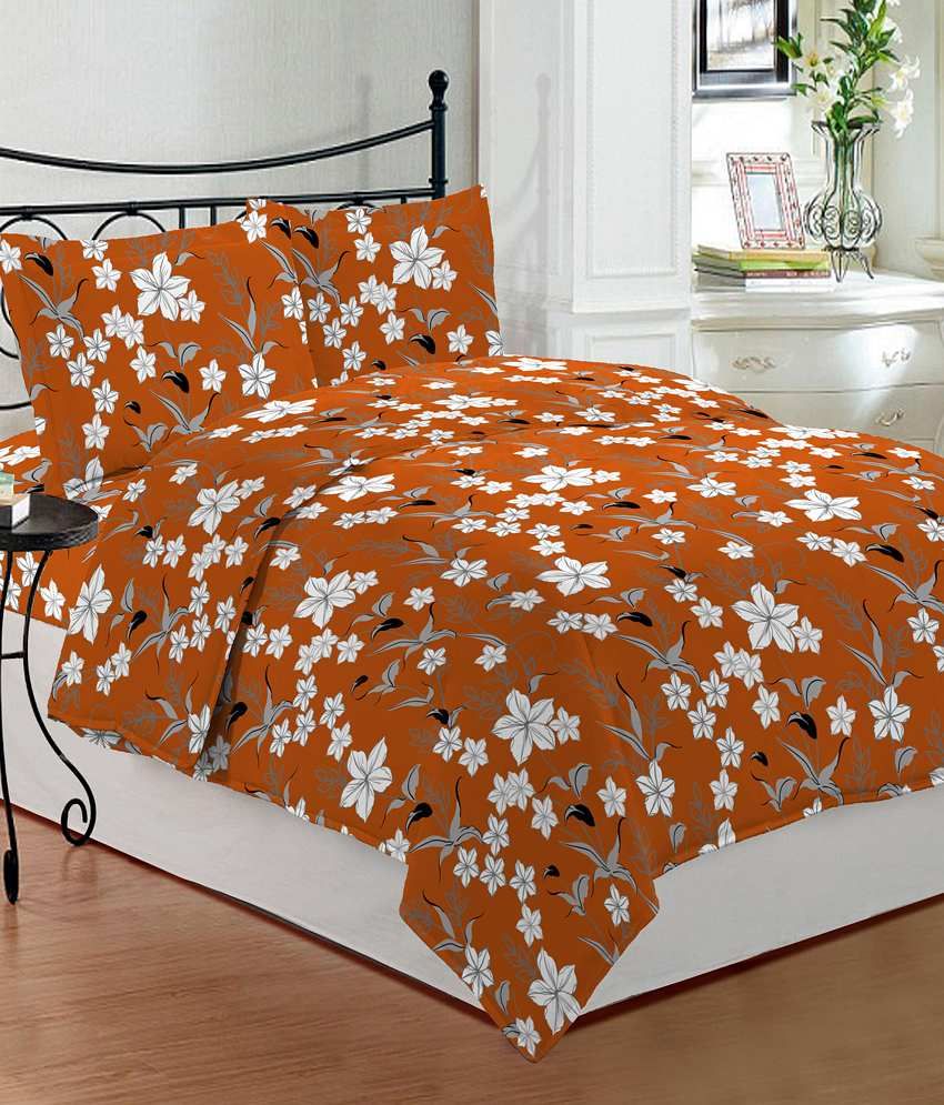 Bombay Dyeing Rust & White Floral Cotton Double Bed Sheet With 2 Pillow
