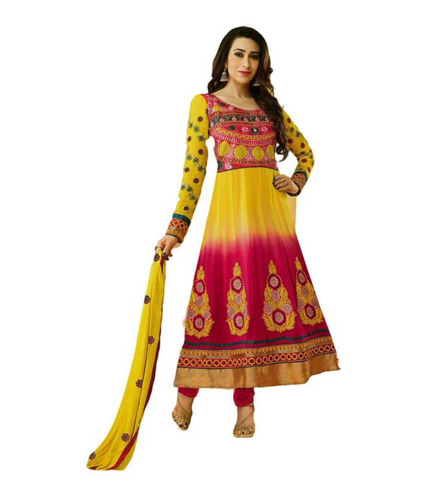 Didi Yellow Embroidered Pure Georgette Semi-Stitched Anarkali Dress ...