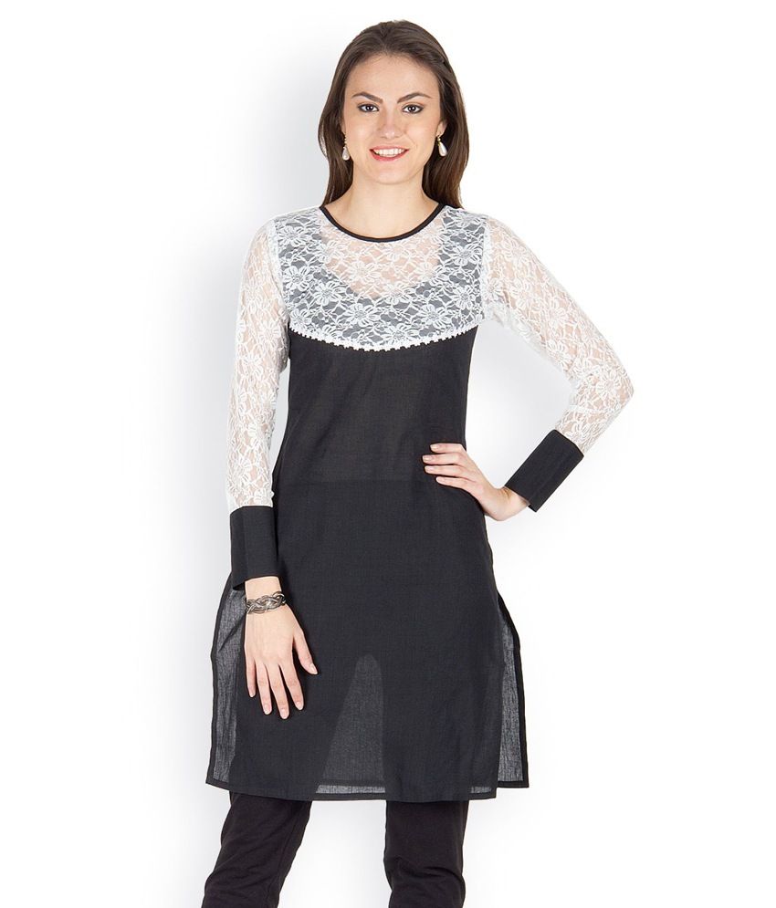 Abhishti Black Cotton Solid Full Sleeve Long Kurti - Buy Abhishti Black ...