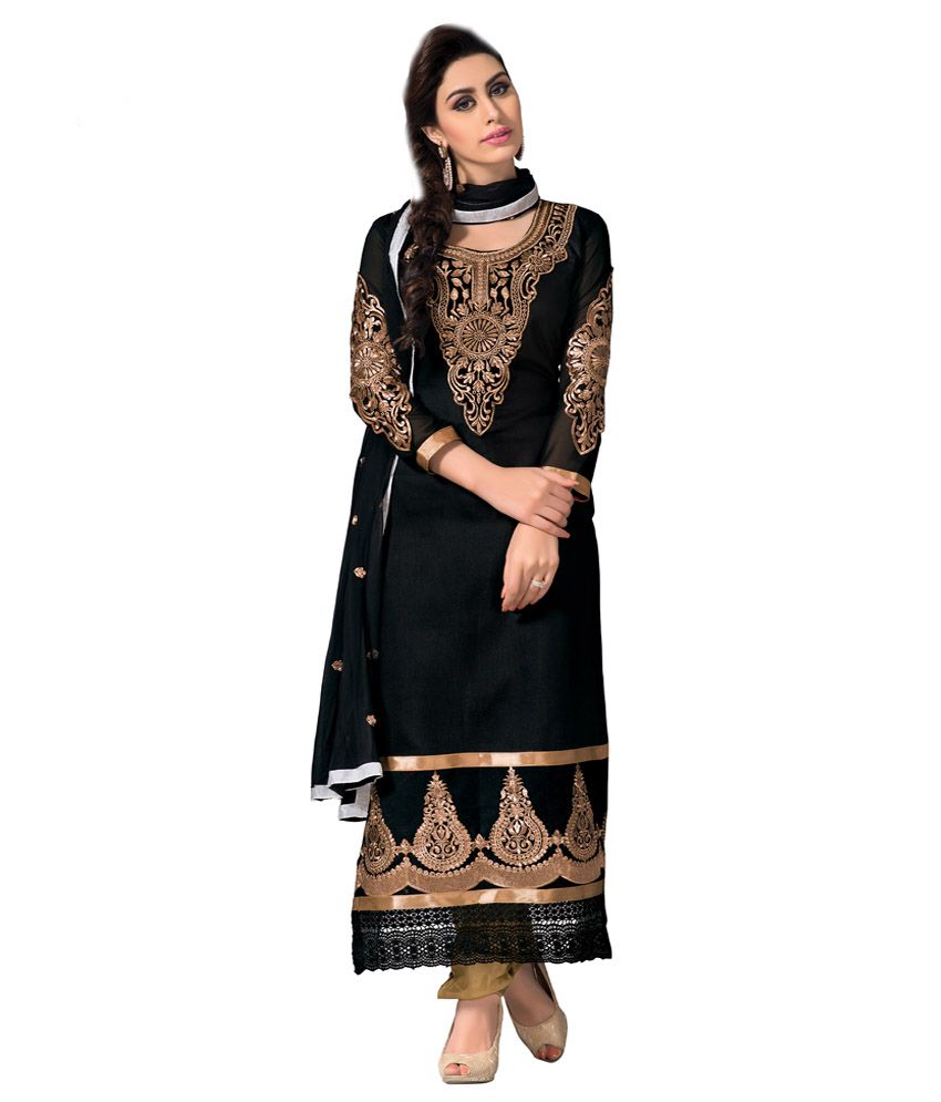 Desire Black Embroidery Cotton Semi-Stitched Dress Material - Buy ...