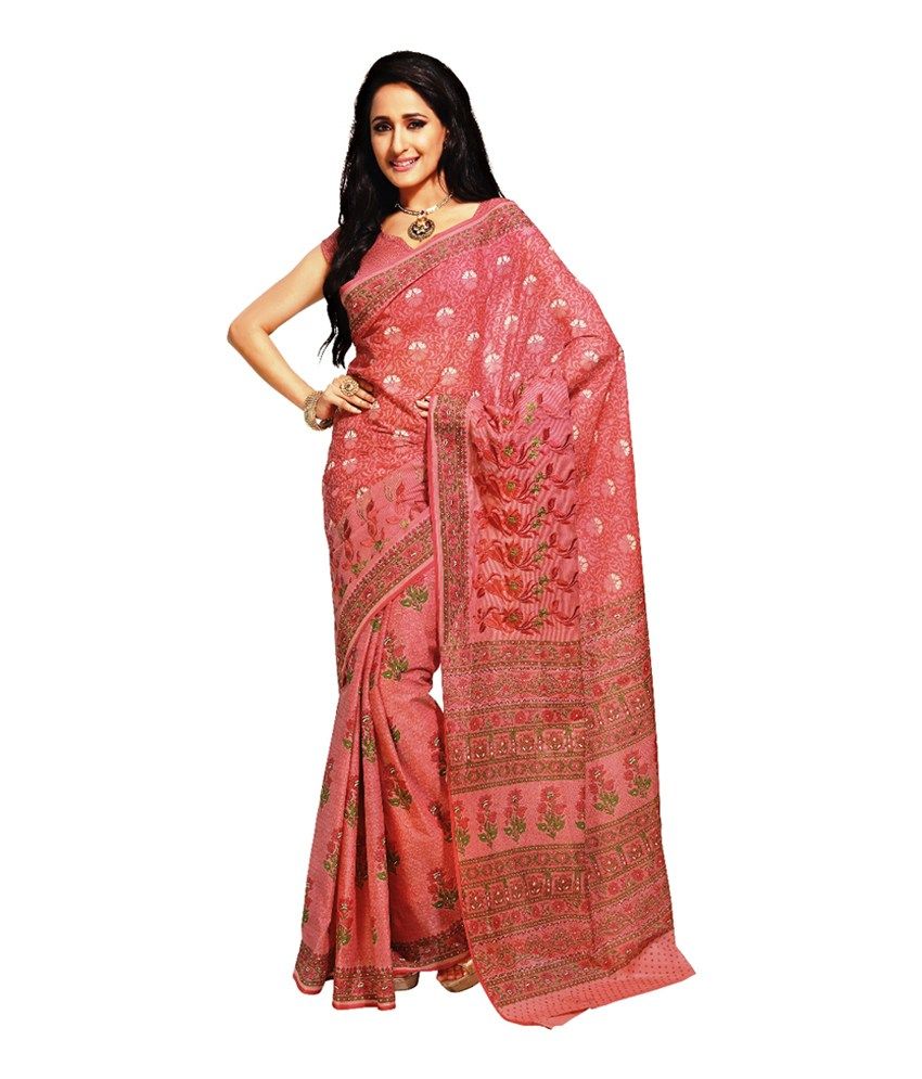 101cart Pink Cotton Embroidered Saree With Blouse Piece - Buy 101cart Pink Cotton Embroidered 