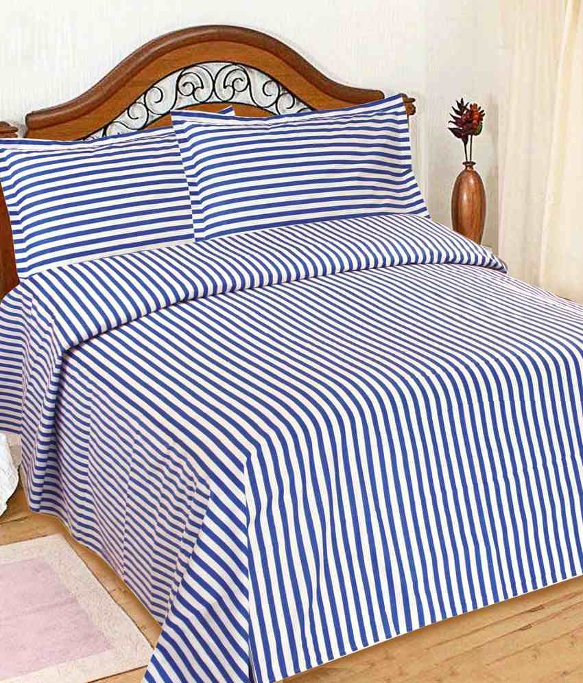 Goodwill Blue & White Stripes Cotton Double Bedsheet With 2 Pillow