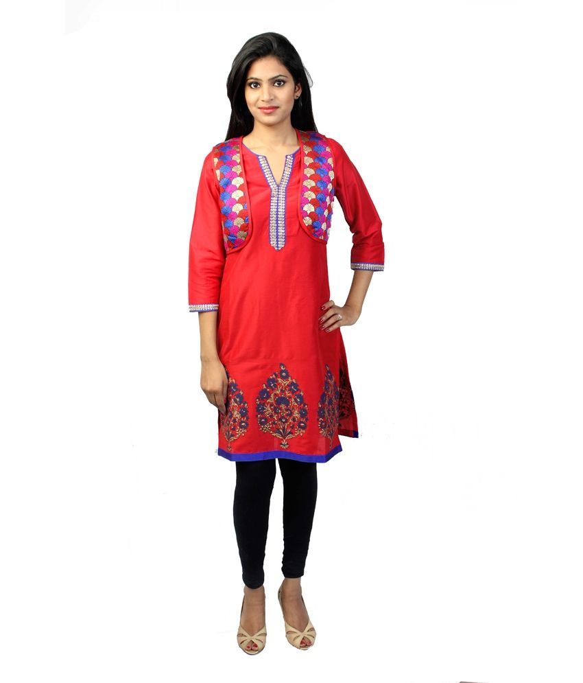 Festive Red Cotton Kurti With Printed Jacket Buy Festive Red Cotton