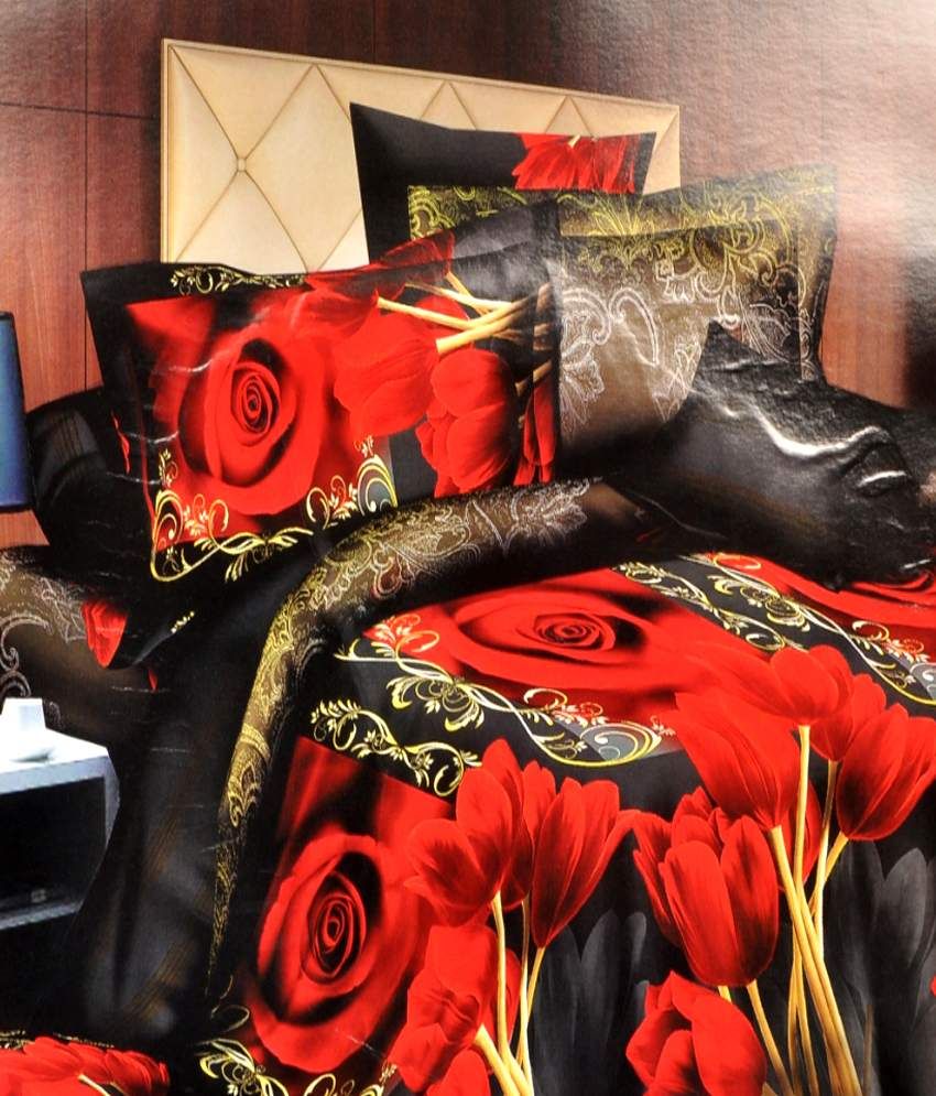 Abony Red And Black Floral Poly Cotton Double Bed Sheet With 2 Pillow