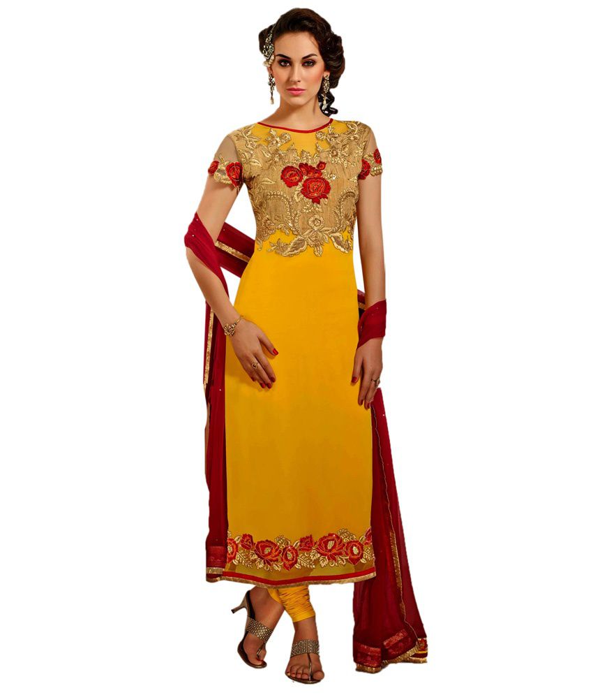 Vardha Trendz Trendy Yellow Pure Georgette Heavy Embroidered Designer ...