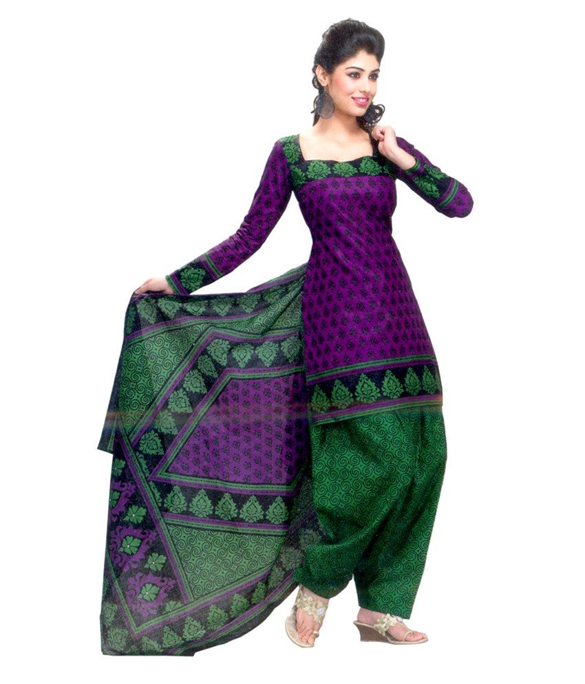 Shree Ganesh Clothing Green and Purple Printed Cotton Regular Dress Material - Buy Shree Ganesh 