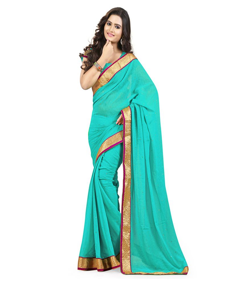 Bansari Turquoise Chiffon Designer Full Saree With Bollywood Style ...