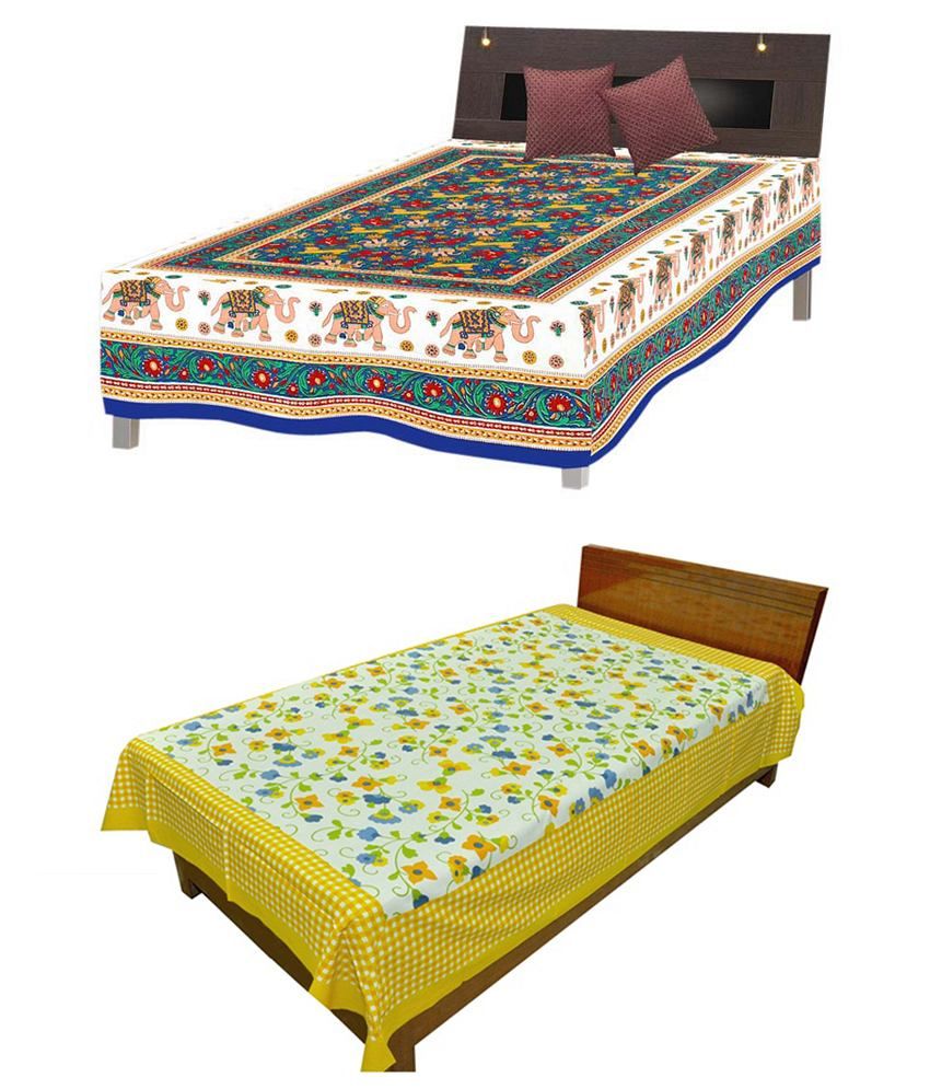     			Silkworm Combo of Yellow & Blue Floral & Animal Print Single Bedsheet (Buy 1 Get 1 Free)