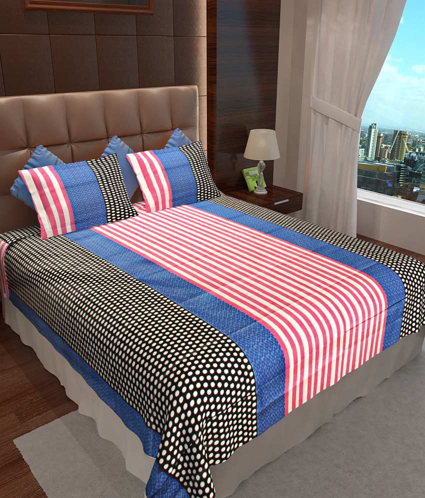     			Home Candy Multi-colour Stripes Cotton Double Bedsheet With 2 Pillow Cover