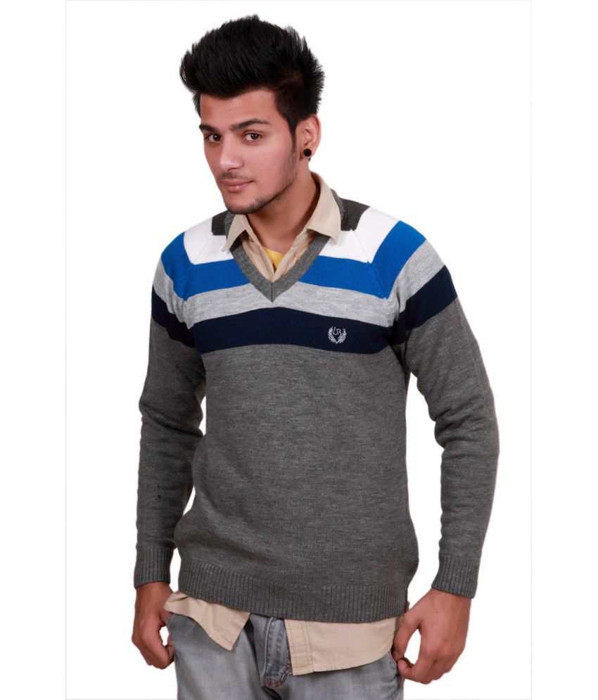 Leebonee Gray Striped Full Sleeves V-neck Men's Pullover - Buy Leebonee ...