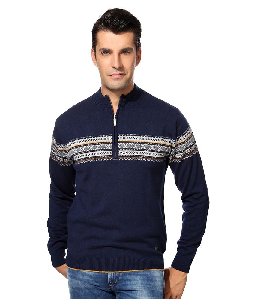 Peter England Patterned Navy Sweater 