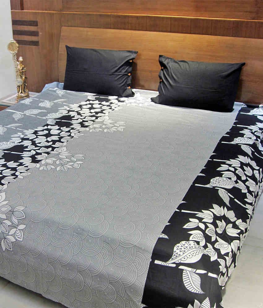 Aurave Black Cotton Satin Bedsheet With 2 Pillow Covers Reactive