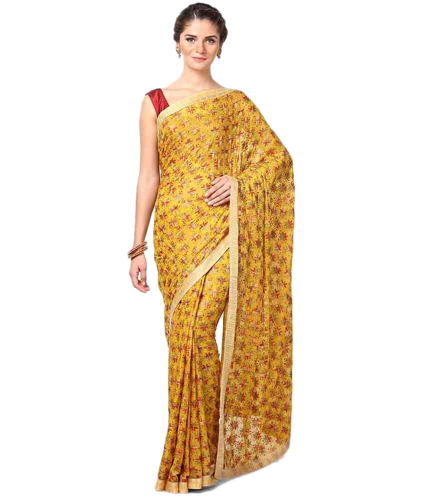 PUNJABI PHULKARI Yellow Faux Chiffon Saree - Buy PUNJABI PHULKARI ...