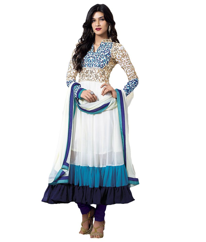 Suchi Fashion White and Blue Heavy Embroidered Semi Stitched Suit Anarkali Suit