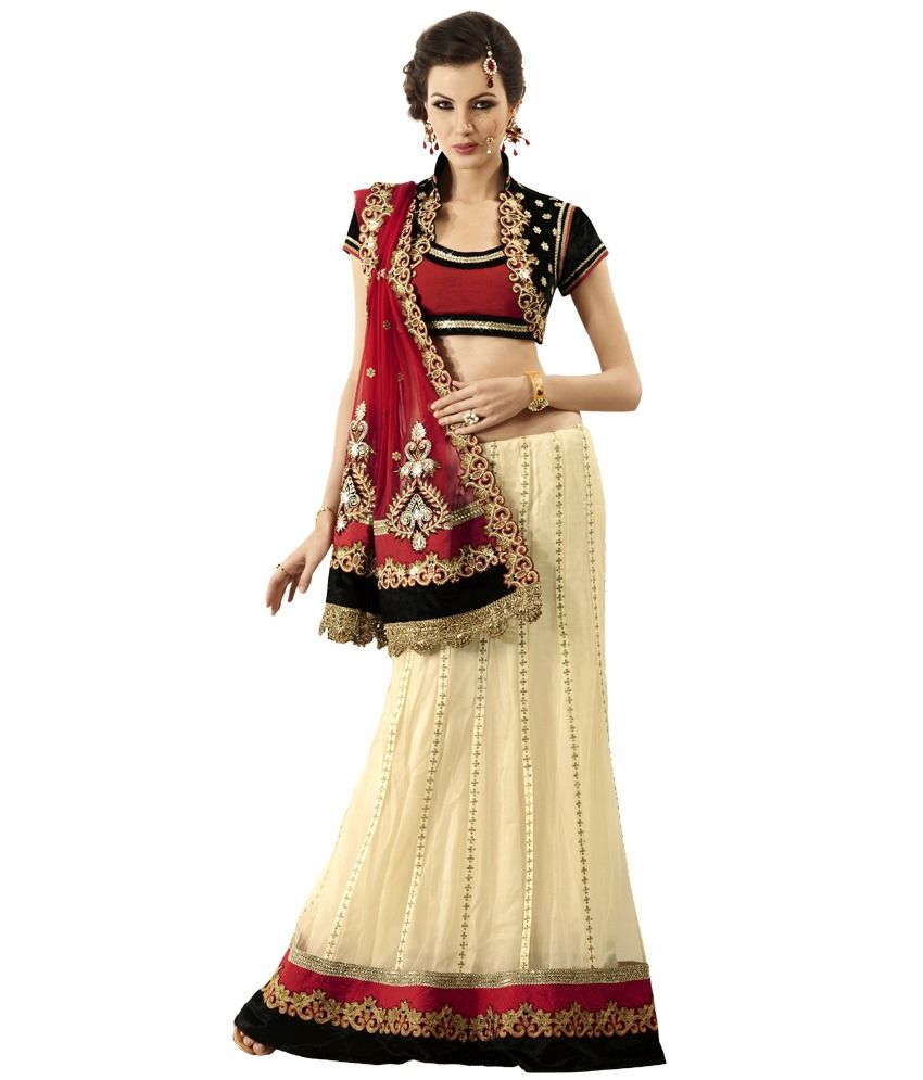 beige and red bridal lehenga