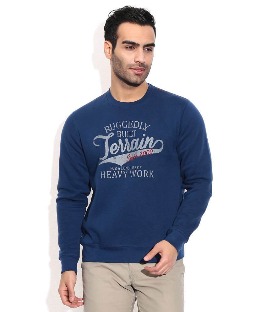 Indian Terrain Blue Cotton Round Full Non Zipped Sweatshirt - Buy ...