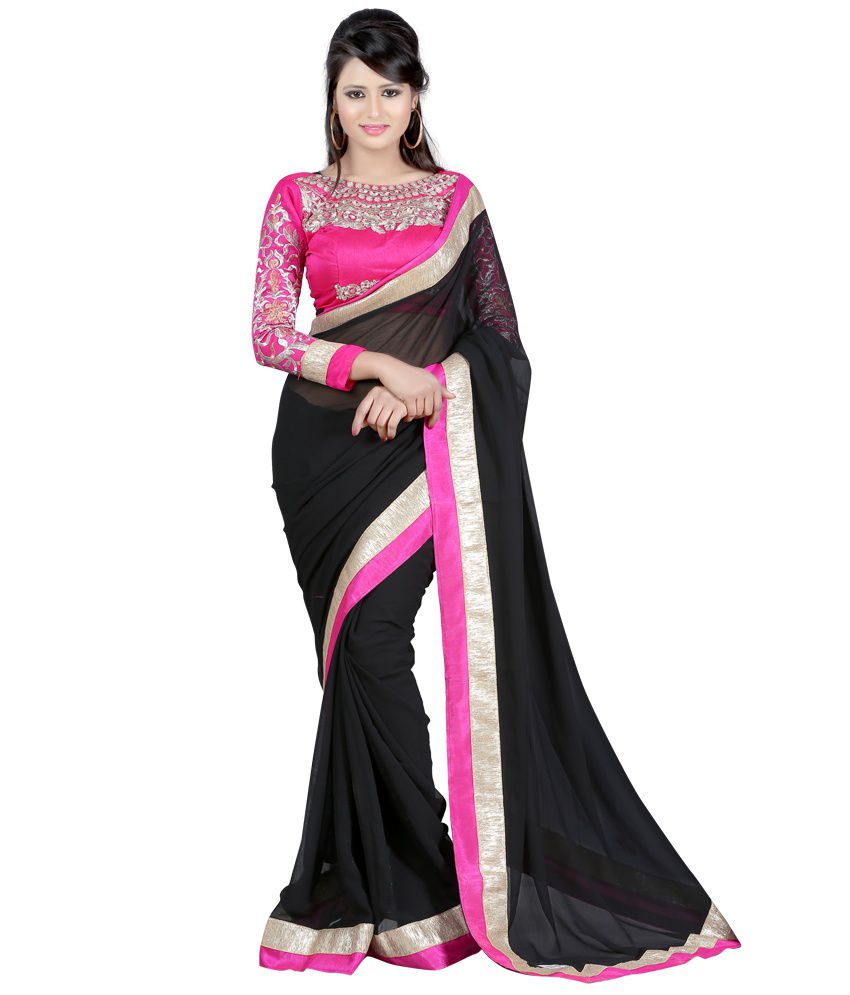 Fashiondeal Embroidered Dazzling Black Colour Semi Chiffon Saree With Blouse Piece
