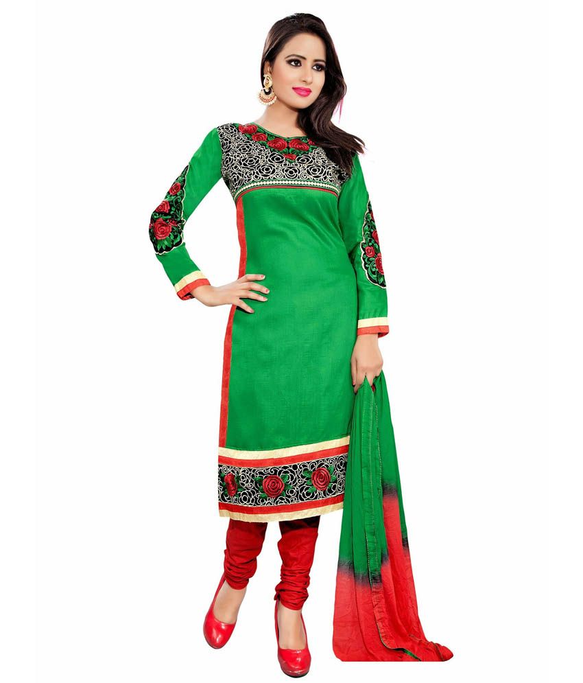 Make In India Design Works Green Chiffon Border Work Fancy Neck A-line ...