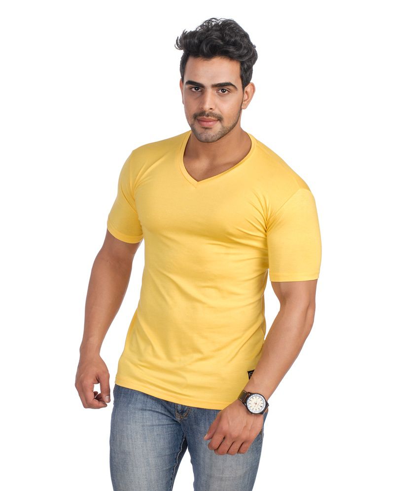 Basics Yellow Cotton Blend Spandex V-neck T-shirt - Buy Basics Yellow ...