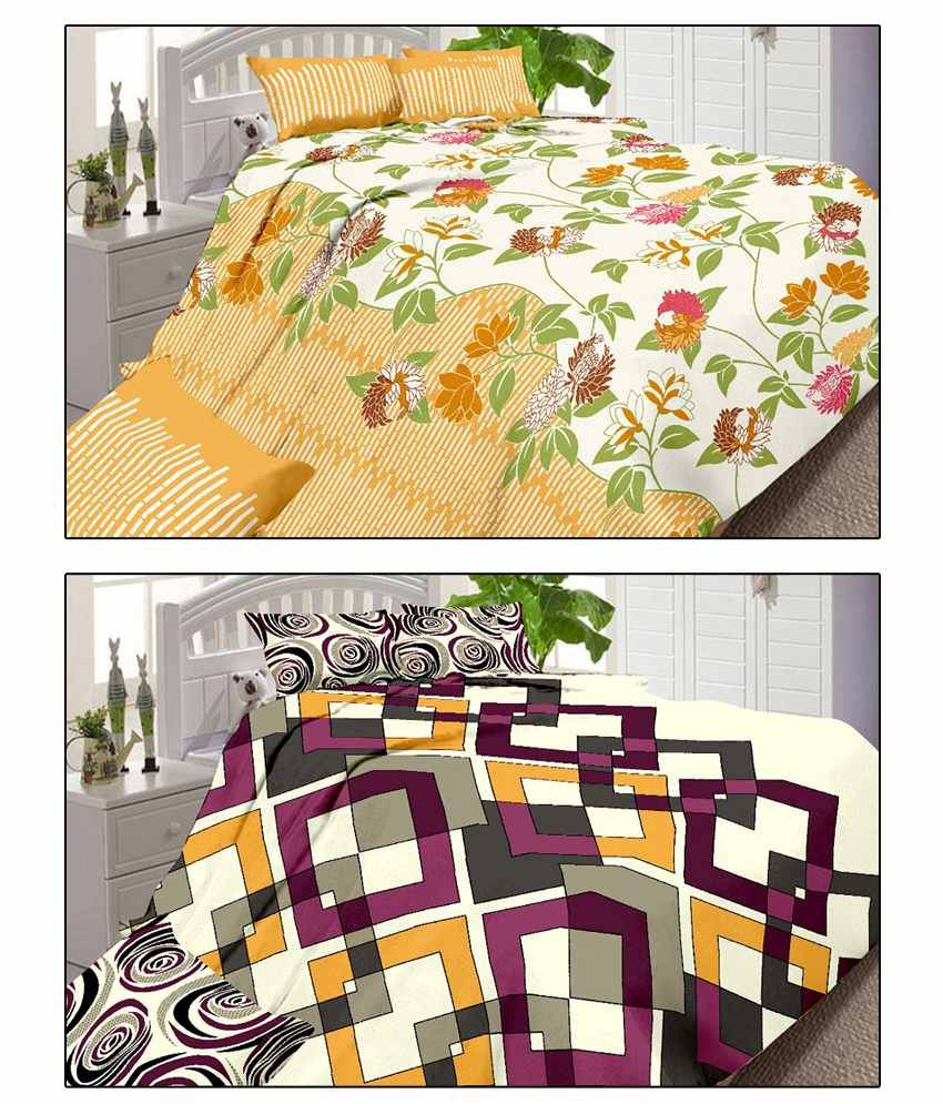 Urban Style Multicolour Printed Cotton 2 Bed Sheets With 4 Pillow