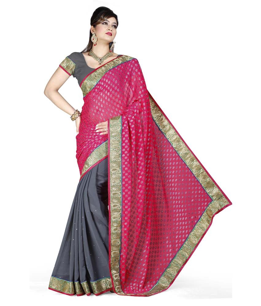 Hemakshi Fashion Pink Faux Chiffon Saree Buy Hemakshi Fashion Pink Faux Chiffon Saree Online 