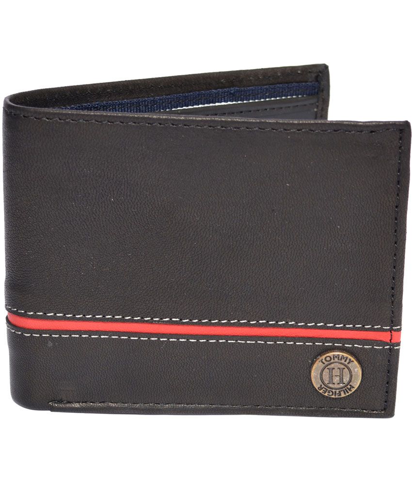Tommy Hilfiger Black With Red Stripe Leather Designer Men's Wallet: Buy ...