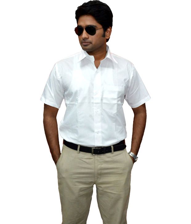 white shirt with sandal color pant