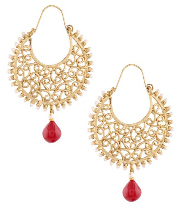 The Jewelbox Gold Plated Filigree Pearl Ruby Red Chaand Bali Earring