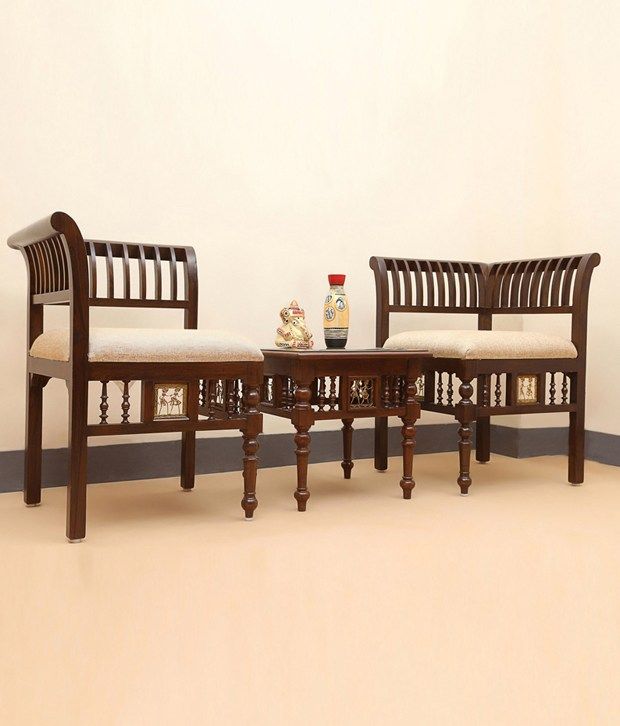 Exclusive Lane L Shaped Living Room Chair Table Set With Dhokra Exclusive Lane L Shaped Living Room Chair Table Set With Dhokra Warli Work Walnut Brown