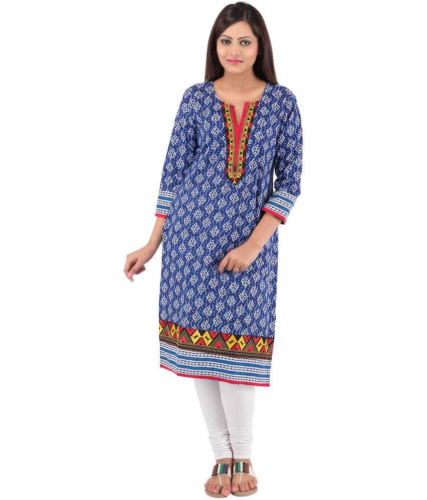 Rash Collection Blue Embroidered Cotton Round Neck Full Sleeves Long Kurti Buy Rash Collection