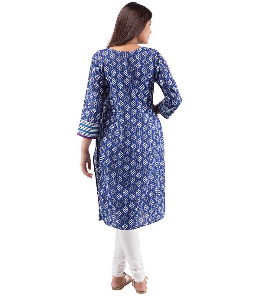 Rash Collection Blue Embroidered Cotton Round Neck Full Sleeves Long Kurti Buy Rash Collection